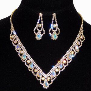 Gold AB Iridescent set Rhinestone Crystal Bridal Necklace and Earrings Prom Set